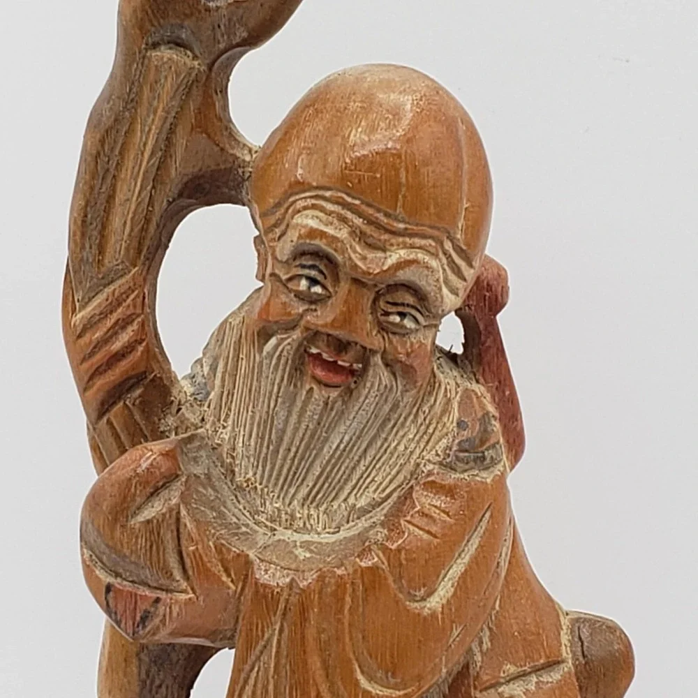 Chinese God of Longevity Statue Shou Lao Shou Hand Carved Wood Statue